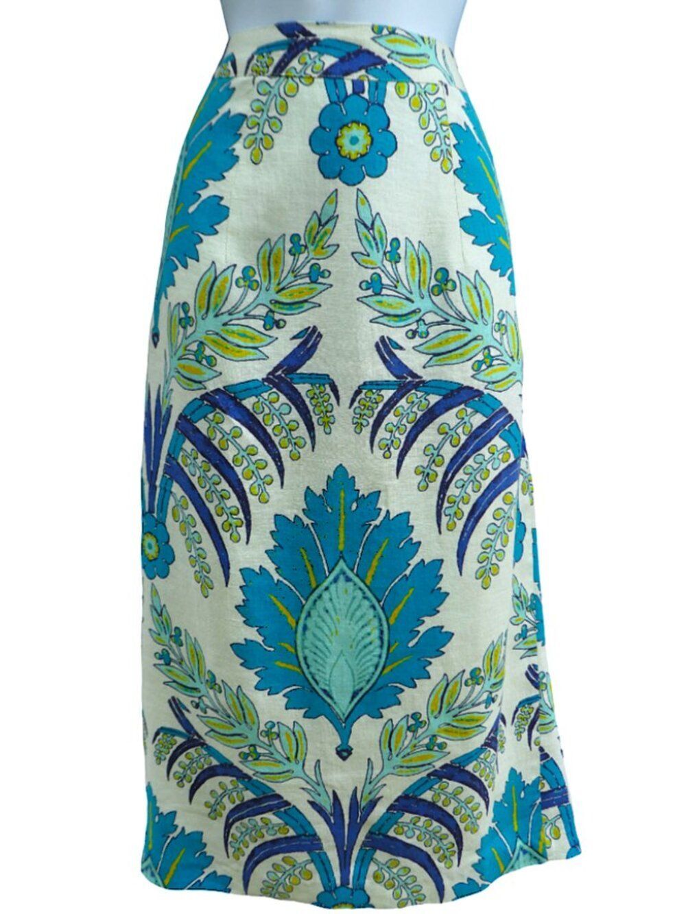 LiNeN Sundance Blue & Green Botanical Midi Skirt Exposed Back YKK Zip High Slit